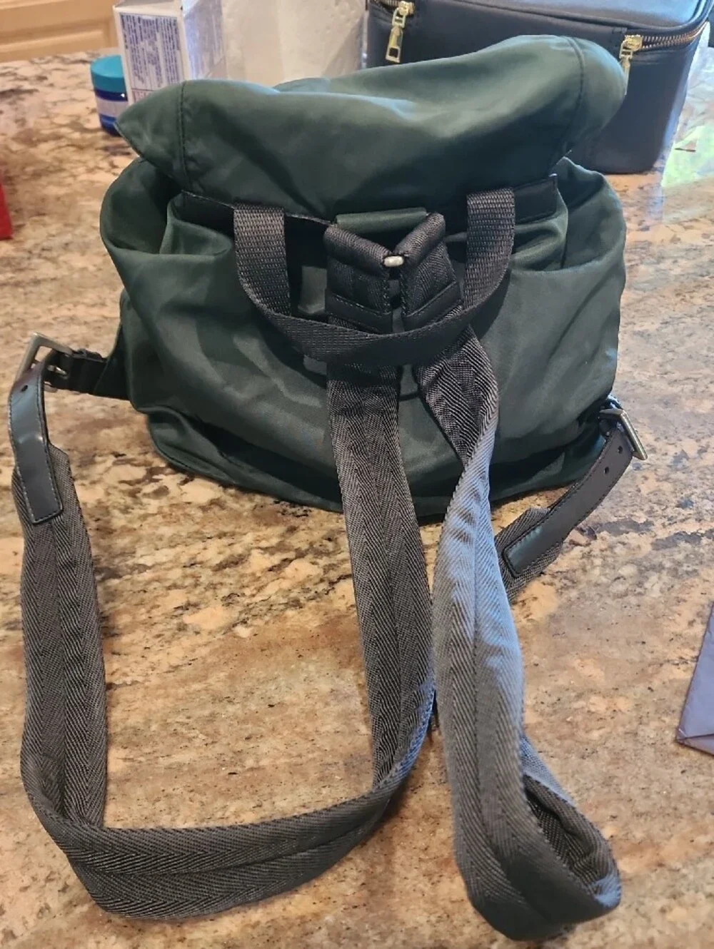 90s Clasaic Prada Dark Green Nylon Backpack with Black Trim